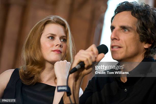 Stars of "Night at the Museum: Battle of the Smithsonian," Amy Adams and Ben Stiller conduct a news conference in the Smithsonian Castle, about the...
