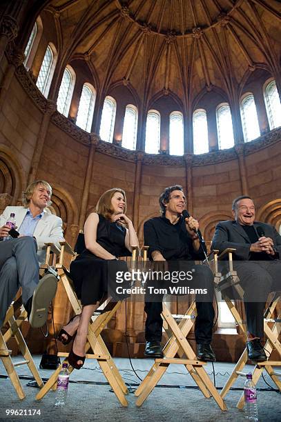 Stars of "Night at the Museum: Battle of the Smithsonian," from left, Owen Wilson, Amy Adams, Ben Stiller, and Robin Williams conduct a news...
