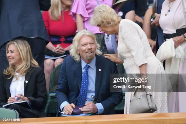 Richard Branson and Camilla, Duchess of Cornwall attend day nine of the Wimbledon Tennis Championships at the All England Lawn Tennis and Croquet...