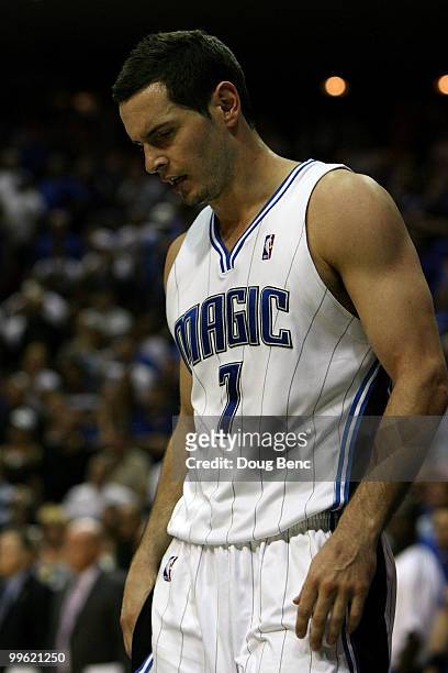 Redick of the Orlando Magic walks on the court with his head down late in the fourth quarter against the Boston Celtics in Game One of the Eastern...