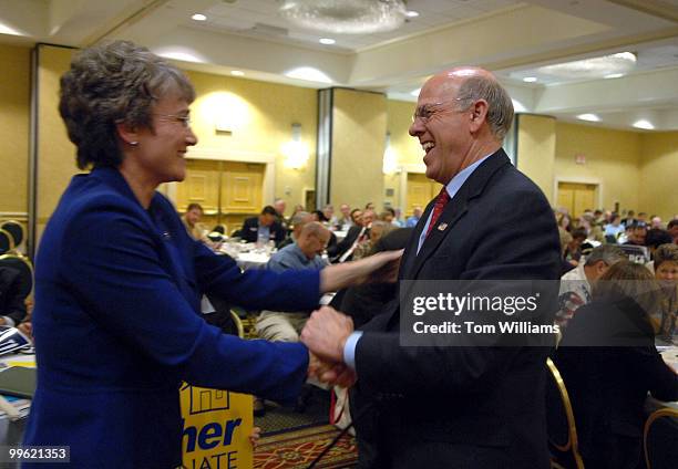 Rep. Steve Pearce, R-N.M., greets Rep. Heather Wilson, R-N.M., after Pearce won the delegates' vote for republican Senate nomination at the state...