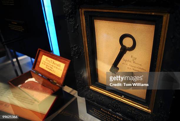 Key from the Old Capitol Prison where conspirator Mary Surratt was held and a brick from her cell are on display at a Newseum's exhibit entitled,...