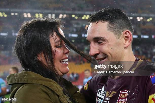 Billy Slater of Queensland shares a moment with his wife Nicole Slater after winning game three of the State of Origin series between the Queensland...