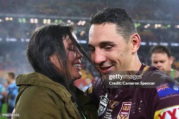 Billy Slater of Queensland shares a moment with his wife Nicole Slater after winning game three of the State of Origin series between the Queensland...