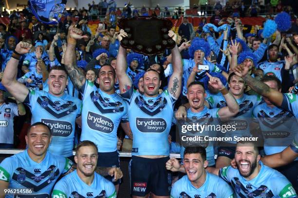 Boyd Cordner of the Blues and team mates pose with fans following game three of the State of Origin series between the Queensland Maroons and the New...