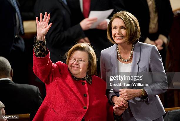 Sen. Barbara Mikulski, D-Md., and Speaker Nancy Pelosi, D-Calif, acknowledge the crowd before President Barack Obama delivered his State of the Union...