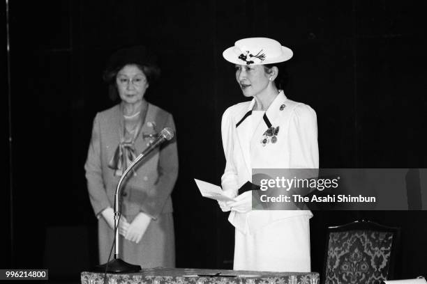 Crown Princess Michiko attends the Japan Red Cross Society Annual Meeting at Meiji Jingu Hall on May 14, 1986 in Tokyo, Japan.