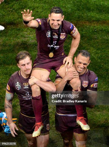 Billy Slater is chaired off after his last game for Queensland after game three of the State of Origin series between the Queensland Maroons and the...