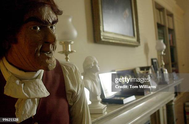 Paper mache model of Thomas Jefferson stands in the office of Daniel Patrick Moynihan.