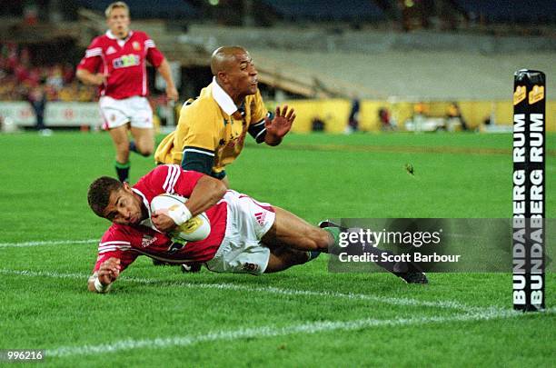 Jason Robinson of the Lions scores a try during the third and final Test Match played between the British and Irish Lions and the Australian...