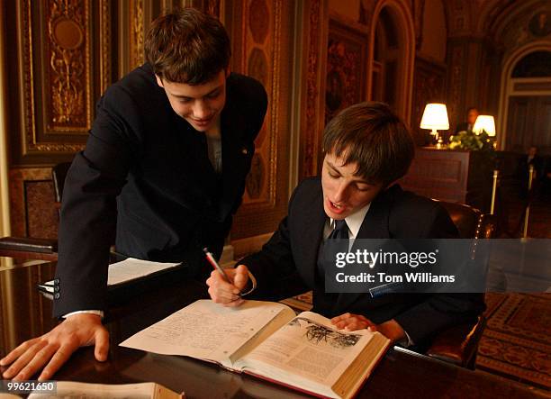 Senate pages Preston Eldridge, 17 of Miss., left, and Luke Combellick of Ariz., do U.S. History homework in the Senate Reception Room, Monday.