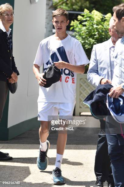 Romeo Beckham seen on day nine at The Championships at Wimbledon, London on July 11, 2018 in London, England.