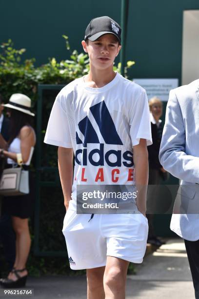 Romeo Beckham seen on day nine at The Championships at Wimbledon, London on July 11, 2018 in London, England.