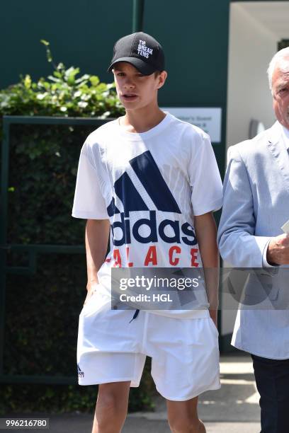 Romeo Beckham seen on day nine at The Championships at Wimbledon, London on July 11, 2018 in London, England.