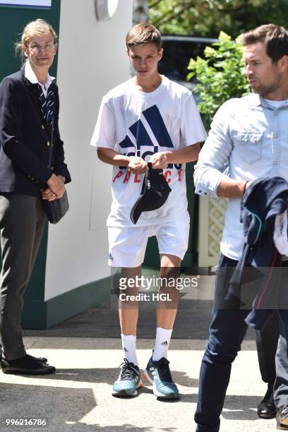Romeo Beckham seen on day nine at The Championships at Wimbledon, London on July 11, 2018 in London, England.