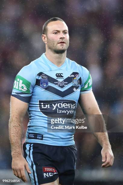 Boyd Cordner of the Blues looks dejected after defeat during game three of the State of Origin series between the Queensland Maroons and the New...
