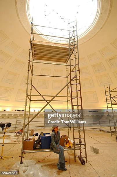 Je Ann Holliman of Evergreen Painting Studios, looks up at the Rotunda of Cannon building, which she and two other members of her crew will try to...