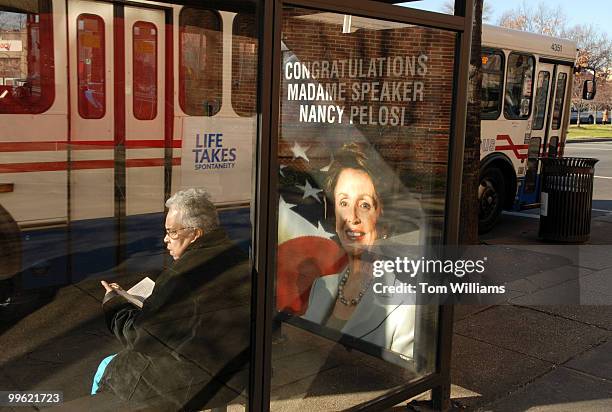 Sign congratulating incoming Speaker of the House Nancy Pelosi, D-Calif., appears at a bus stop on Pennsylvania Avenue, SE, at 7th St.