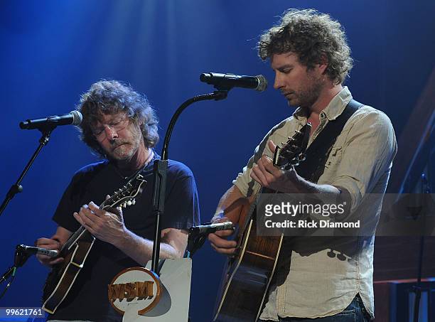 Recording Artist Sam Bush and Singer/Songwriter Dierks Bentley rehearse for the Music City Keep on Playin' benefit concert at the Ryman Auditorium on...