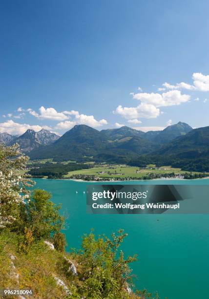 wolfgangsee lake, abersee, salzkammergut, salzburg state, austria - wolfgangsee stock pictures, royalty-free photos & images