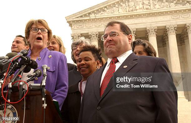 Rep. Louise Slaughter, D-N.Y., left, along with Rep. Jerry Nadler, D-N.Y., along with roughly ten other Reps. Hold a press conference in front of the...