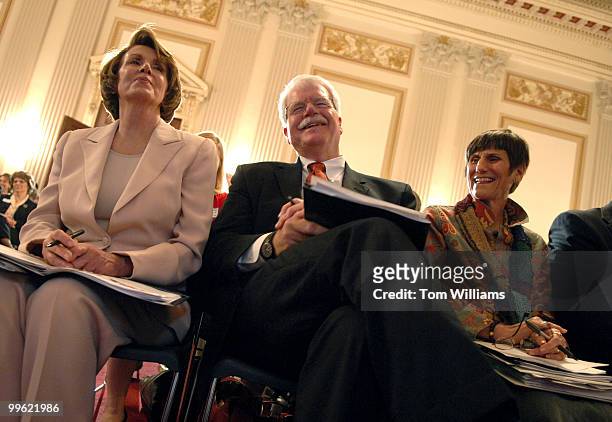 From left, Speaker Nancy Pelosi, D-Calif., Reps. George Miller, D-Calif., and Rosa DeLauro, D-Conn., attend the National Summit on America's...