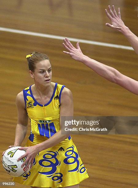 Briony Akle of the Swifts looks to pass the Thunderbirds defence during the Commonwealth Bank Trophy Netball Grand final between the Sydney Swifts...