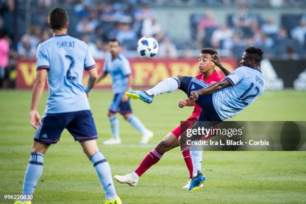 Ebenezer Ofori of New York City clears the ball during the Major League Soccer Hudson River Derby match between New York City FC and New York Red...