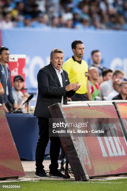 Head Coach Domenec Torrent of New York City cheers on the team during the Major League Soccer Hudson River Derby match between New York City FC and...