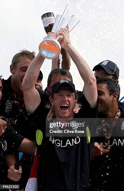 Paul Collingwood and the England team celebrate with the series trophy after winning the final of the ICC World Twenty20 between Australia and...