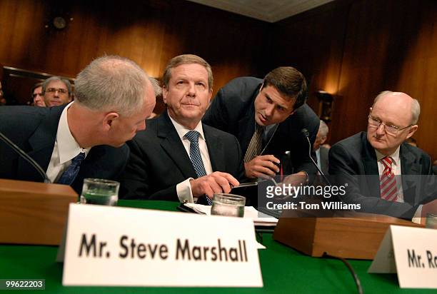 Steve Marshall, BP exploration Alaska president, left, and Robert Malone, president and chairman of BP America, Inc., are questioned by Ian Talley of...