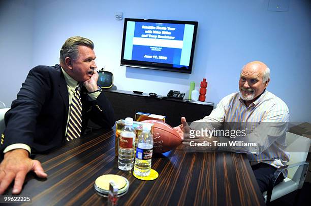 Hall of Fame football players Mike Ditka, left, and Terry Bradshaw are interviewed about the impact of Advanced Medical Technology on their lives, in...