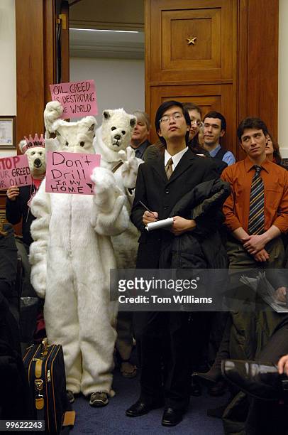 Protesters dressed as polar bears attend a House Select Committee on Energy Independence and Global Warming focusing on future of the polar bear...