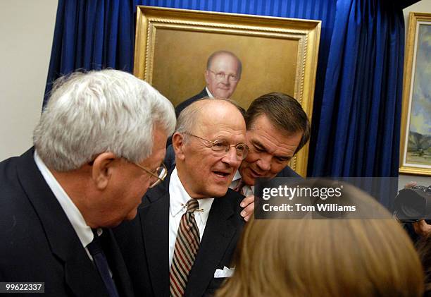 Rep. Sherwood Boehlert, R-N.Y., Chairman House Science Committee, has a word with former Congressman Tom Ridge, right, who came to Congress with him...