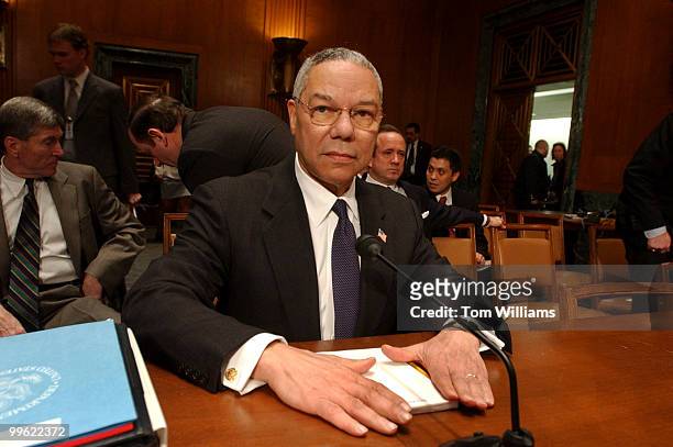 Secretary of State Colin Powell, prepares to testify at a hearing on the FY04 budget for the State Department and potential military action in Iraq.
