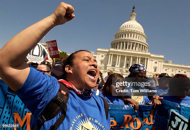 Irania Sanchez, of Nicaragua, chants at a rally to protest the 10 year anniversary of the passage of the Anti-terrorism & Effective Death Penalty...