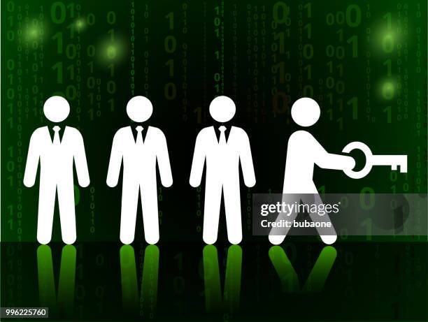 businessmen with solution key on binary code black background - black man vr set stock illustrations