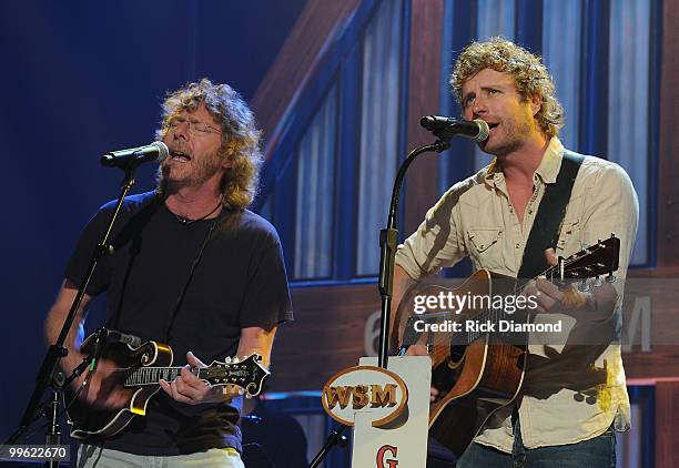 Recording Artist Sam Bush and Singer/Songwriter Dierks Bentley rehearse for the Music City Keep on Playin' benefit concert at the Ryman Auditorium on...