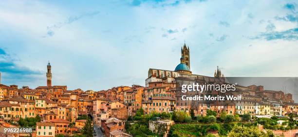 historic centre with the cathedral cattedrale di santa maria assunta, and torre del mangia, siena, tuscany, italy - kathedraal van siena stockfoto's en -beelden