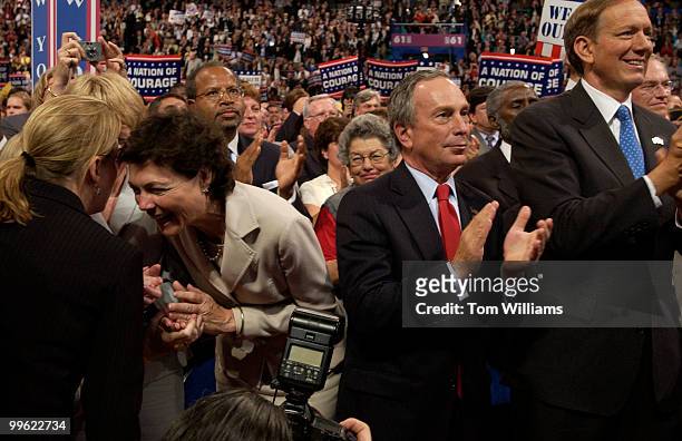 Mayor Michael Bloomberg and Gov. George Pataki applaud for former Mayor Rudy Guiliani on the first night of the Republican National Convention 2004,...