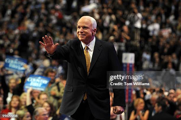 Sen. John McCain waves to the crowd after he accepted the Republican nomination for president on the last night of the Republican National Convention...