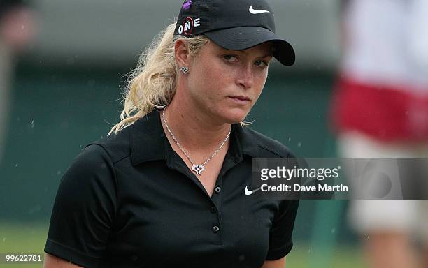 Suzann Pettersen of Norway reacts after making a bogie on the 18th hole during a sudden death playoff against Se Ri Pak and Brittany Lincicome in the...