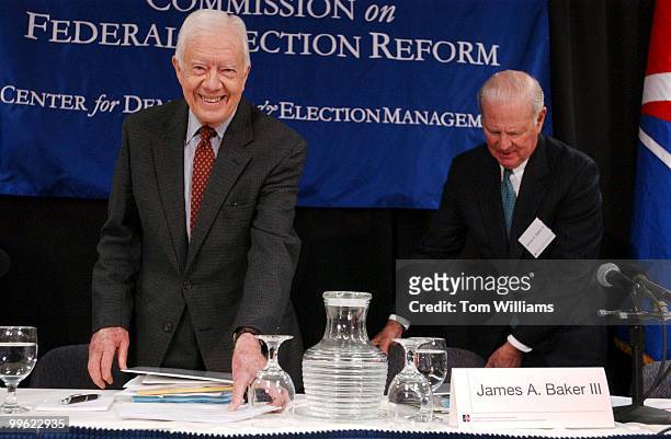 Co-chairs of a new committee, former President, Jimmy Carter, left, and former Secretary of State James Baker, arrive at the first meeting of the new...