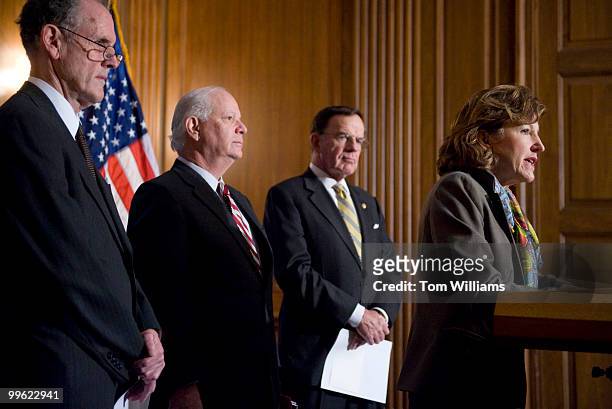 From left, Sens. Ted Kaufman, D-Del., Ben Cardin, D-Md., Paul Kirk, D-Mass., and Kay Hagan, D-N.C., conduct a news conference on how health care...