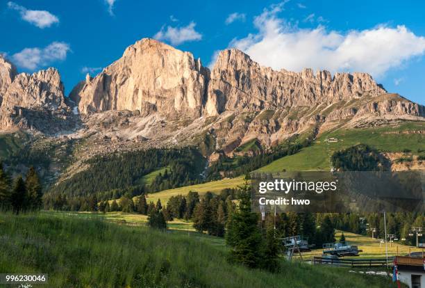 rosengarten group, southern ridge with mt rotwand, croda rossa, 2806 m, cablecar station at karerpass, dolomites, south tyrol, trentino-alto adige, italy - rotwand mountain stock pictures, royalty-free photos & images