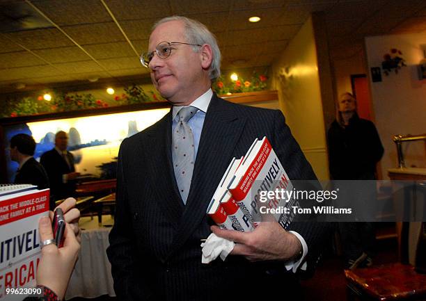 Mark Levy, a friend of Sen. Hillary Clinton, is interviewed about Sen. Chuck Schumer's book "Positively American" at a book signing reception at the...