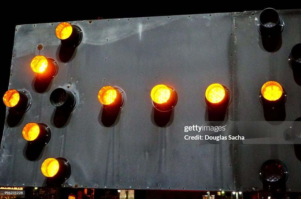 Close-up of an Illuminated Arrow Board Traffic Advisor Panel