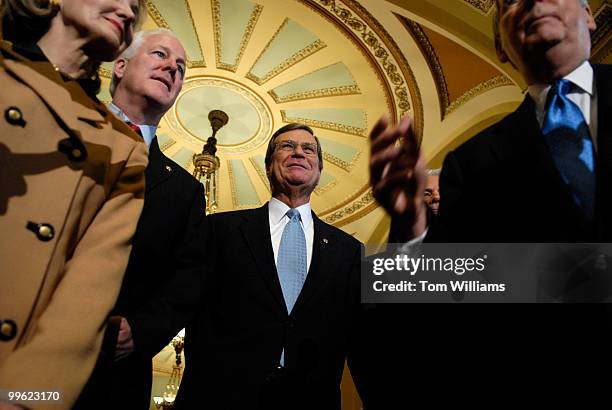 From left, Republican Policy Committee Chair Kay Bailey Hutchison, R-Texas, Republican Conference Vice-Chair John Cornyn, R-Texas, newly elected...