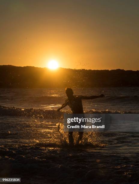 young man, silhouette, jumping in the water at sunset, sunset by the sea, haute-corse, corsica, france - haute corse fotografías e imágenes de stock