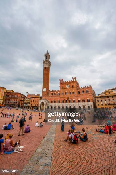 tourists at the palazzo pubblico with mangia tower and chapel, piazza il campo, siena, tuscany, italy - palazzo pubblico stock pictures, royalty-free photos & images